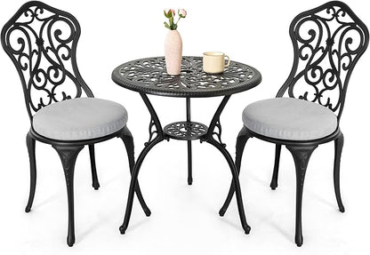 NUU GARDEN 3 Piece Outdoor Bistro Table Set, All Weather Cast Aluminum Patio Bistro Sets Patio Table and Chairs Set of 2 with Umbrella Hole for Yard, Garden, Balcony, Black