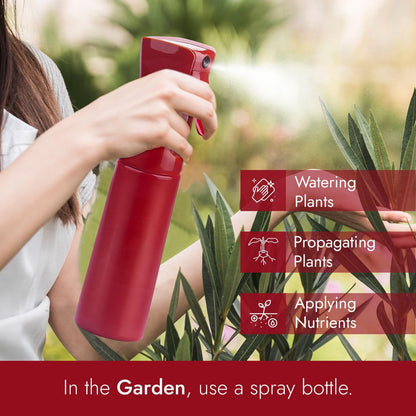 VIGOR PATH Continuous Spray Bottle with Ultra Fine Mist - Versatile Water Sprayer for Hair, Home Cleaning, Salons, Plants, Aromatherapy, and More - Empty Hair Spray Bottle - 300ml/10.1oz (Red)
