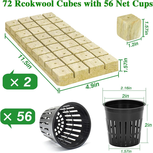 Halatool 72PCS 1.2 Inch Rockwool Cubes with 56PCS 2 Inch Net Cups for Hydroponics Great Kratky Hydroponics Kit for Soilless Cultivation Cloning Plants Growing Seeds