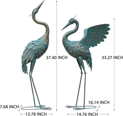 33-37 Inch Metal Crane Garden Statue Décor, Bird Garden Sculpture & Statues, Outdoor Decoration for Yard Patio Lawn Backyard Pool, Vintage Spread Wings Crane, Set of 2