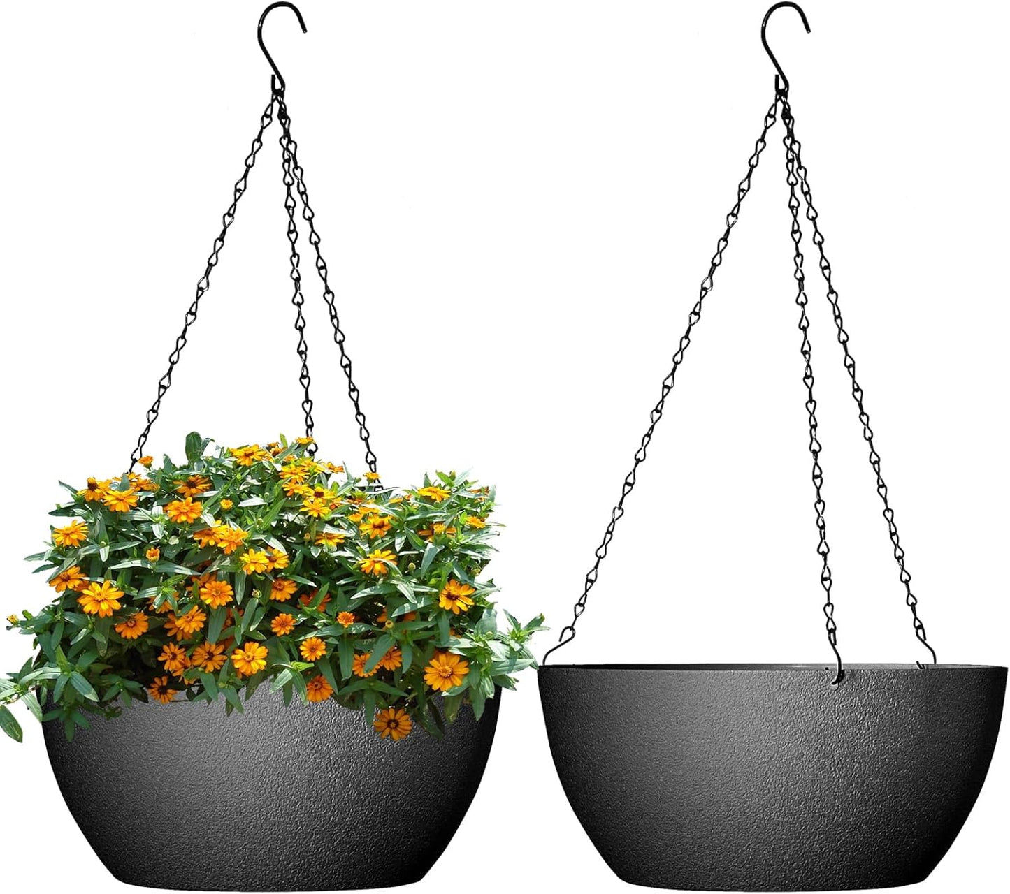 13 inch Large Hanging Planters Plant Pots for Outdoor Indoor Plants with Drainage Holes and Chain, 2 Pack Round Hanging Flower Pots for Garden Home Porch Decor, Black