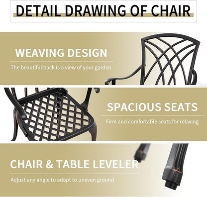 3 Piece Bistro Patio Set Cast Alumiunm Patio Furniture Set,All Weather Bistro Table and Chairs Set of 2 with 1.97" Umbrella Hole,Outdoor Patio Bistro Sets for Garden（Antique Bronze）