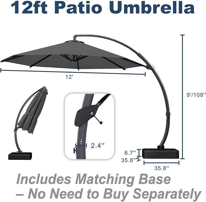12FT Cantilever Umbrella with Base Large Curvy Outdoor Aluminum Offset Umbrella w/ 360° Rotation, UV Resistant Canopy for Patio, Garden, Backyard, Grey