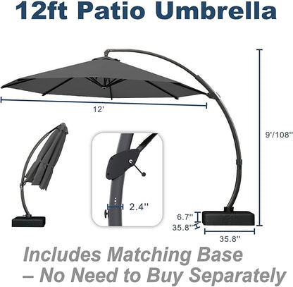 12FT Cantilever Umbrella with Base Large Curvy Outdoor Aluminum Offset Umbrella w/ 360° Rotation, UV Resistant Canopy for Patio, Garden, Backyard, Grey