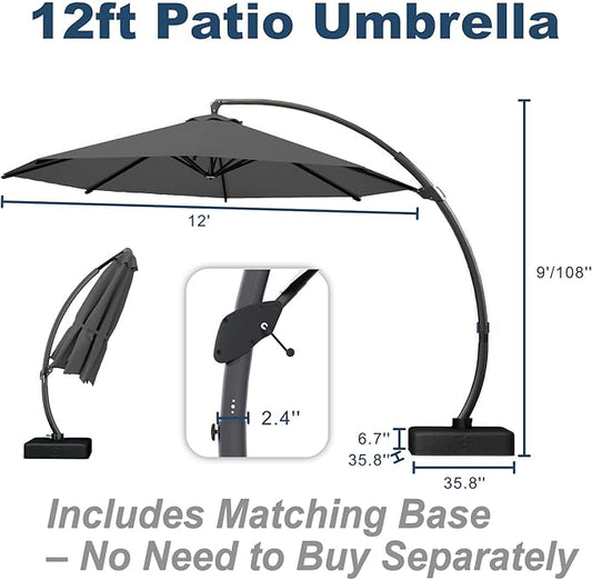 12FT Cantilever Umbrella with Base Large Curvy Outdoor Aluminum Offset Umbrella w/ 360° Rotation, UV Resistant Canopy for Patio, Garden, Backyard, Grey