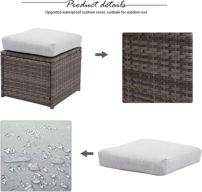 Wisteria Lane Outdoor Patio Furniture Set, 7 Piece Outdoor Dining Sectional Sofa with Dining Table and Chair, All Weather Wicker Conversation Set with Ottoman, Light Grey Cushion