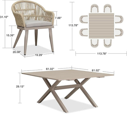 PURPLE LEAF 9 Pieces Patio Dining Set with Outdoor Aluminium Square Dining Table and Woven Rattan Chairs Modern Metal Furniture Cushions Sets for Garden Yard Indoor Decor Kitchen Champagne