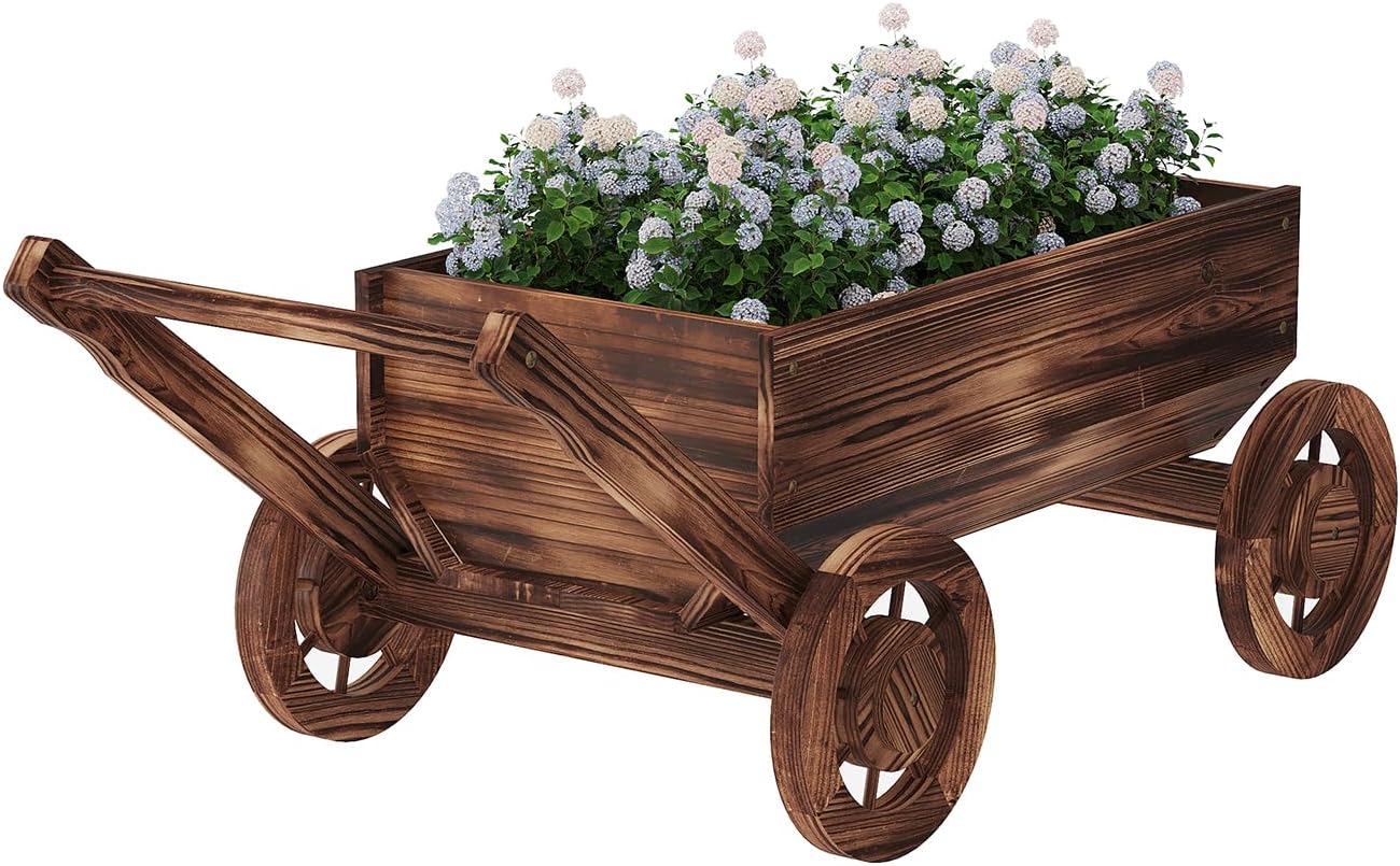 Wooden Flower Cart with Wheels Wooden Wagon Planter Outdoor Garden Planter Decor Planter for Patio Balcony Trolley Decoration Succulent Flower Pot, Indoor Backyard Balcon Decor.（L）
