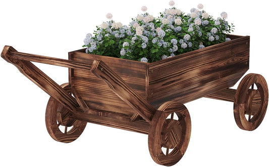 Wooden Flower Cart with Wheels Wooden Wagon Planter Outdoor Garden Planter Decor Planter for Patio Balcony Trolley Decoration Succulent Flower Pot, Indoor Backyard Balcon Decor.（L）