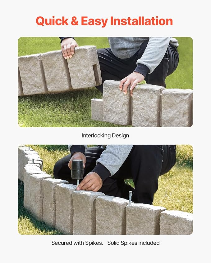 VEVOR Faux Stone Landscape Edging, No Dig Garden Edging Border, Flexible Blocks for Lawn Edging, Flower Beds, Driveway, Yards with 12 Spikes, 4 Pack 24 Bricks 16FT Kit, 47.2" Lx 4" W x 9" H, Beige