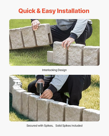 VEVOR Faux Stone Landscape Edging, No Dig Garden Edging Border, Flexible Blocks for Lawn Edging, Flower Beds, Driveway, Yards with 12 Spikes, 4 Pack 24 Bricks 16FT Kit, 47.2" Lx 4" W x 9" H, Beige