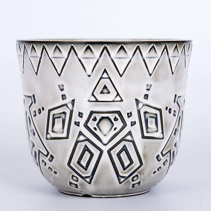 VanEnjoy 5.9 inch Round Bohemian Style Ceramic Planter, Geometry Engrave Off White Brown Succulent Planter Flower Pot, Indoor Outdoor Decorative Planter