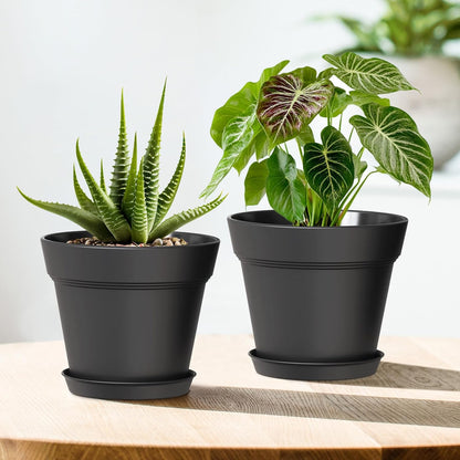 7 Inch Thick Plastic Plant Pots with Drainage Holes and Trays – 6 Pack Nursery Pots for Indoor & Outdoor House Plants, Seedling Starter Planters for Garden Flowers, Matte Black