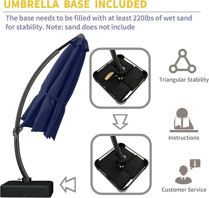 Kingdura 11ft Offset Cantilever Patio Umbrella with Solar Lights, Large Round Outdoor Umbrella with Base Included, Aluminum Frame, 360° Rotation & Infinite Tilt for Deck Pool Backyard, Dark blue