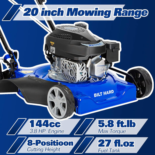 BILT HARD Gas Lawn Mower 20 inch, 144cc 4-Cycle OHV Engine Lawnmower, 8 Adjustable Cutting Heights Push Mowers for Lawn, Yard and Garden