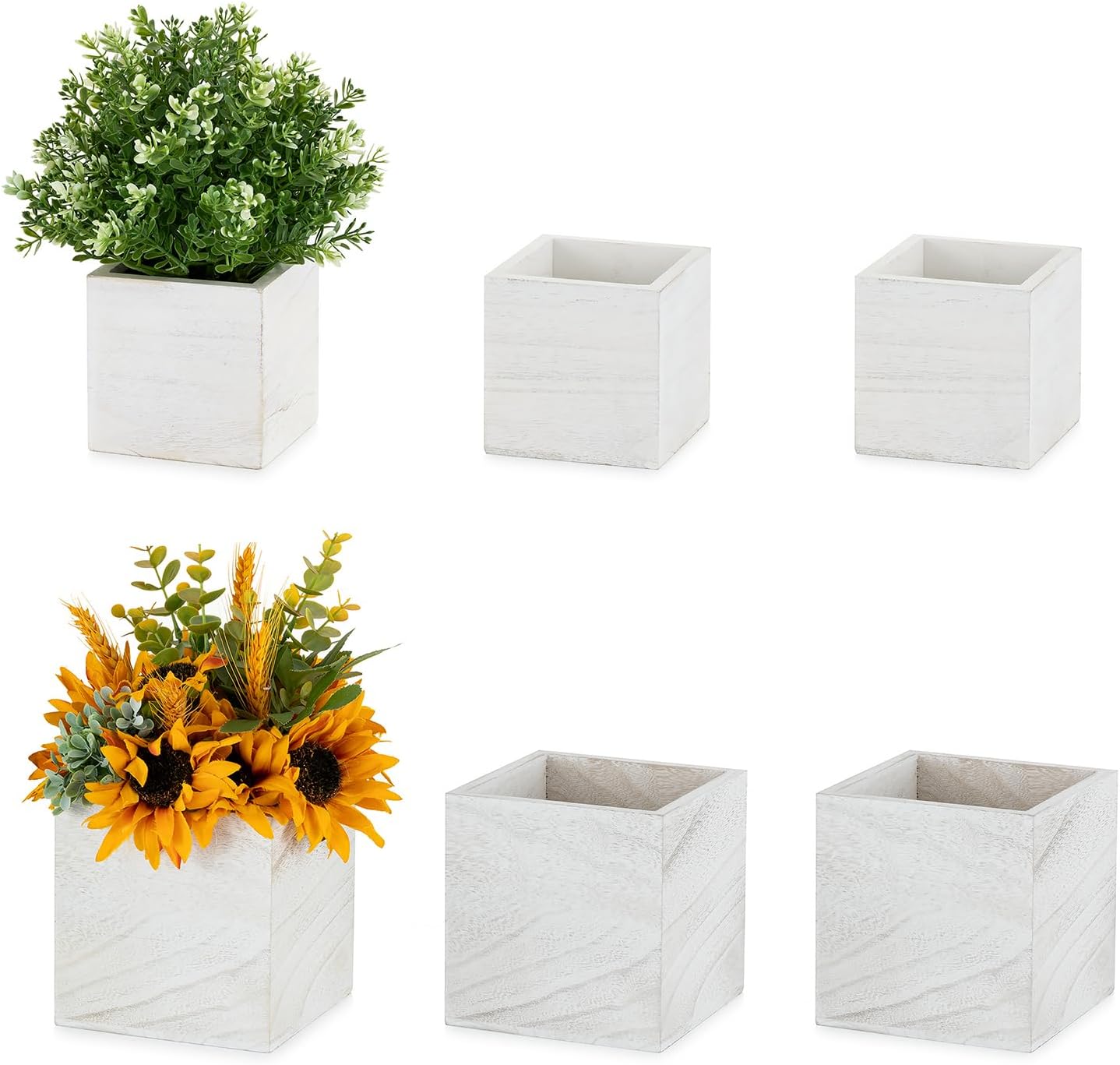 NUPTIO Wooden Box for Centerpiece Wedding: 6 Pcs Rustic Square Planter Box FarmhouseTable Fall Decor - 4×4" & 5×5" Whitewashed Small Wood Vases Flower Pots for Windowsill Home Garden