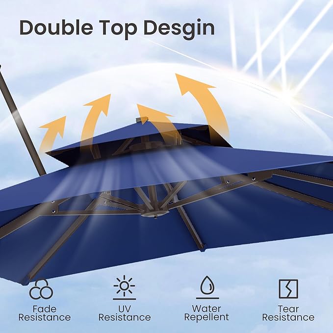 9x12 FT Cantilever Patio Umbrella with Base Included Double Top Outdoor Rectangular Large Heavy Duty Aluminum Offset Umbrellas with 7 Level Tilt 360-degree Rotation for Pool Garden Deck, Navy