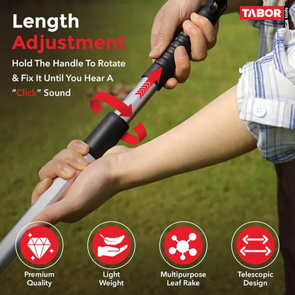 TABOR TOOLS Adjustable Metal Rake - Collapsible & Telescopic - Garden, Yard, & Lawn - Ideal for Leaves, Shrubs & Small Areas. J16A