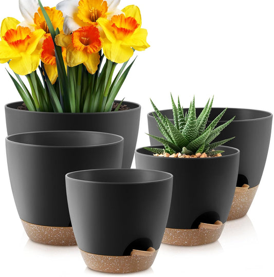 Plant Pots 10/9/8/7.5/7 inch, Self Watering Planters with Drainage Holes & Saucers for Indoor and Outdoor Plants (Black)