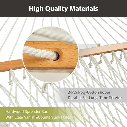 Outdoor Double Hammock with Hardwood Spreader Bars, Large Rope Hammock with Polyester Pad and Pillow, 475 LBS Capacity for 2 Person Patio Backyard Poolside - Green
