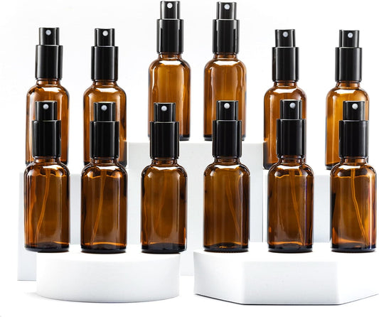 YIZHAO Amber Glass Spray Bottles 1oz, with Small Fine Mist Spray, Metal Cap, Refillable for Essential Oil,Travel,Cleaning,Perfume,Aromatherapy,Makeup – 12 Pcs