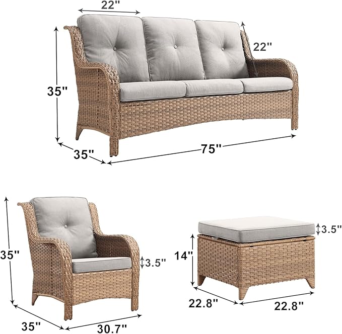 Rilyson Outdoor Patio Wicker Furniture Set - 5 Piece Rattan Patio Conversation Sectional Sofa Set with 1 Couch,2 Armchairs,2 Ottomans for Porch Deck Garden(Yellow/Beige)