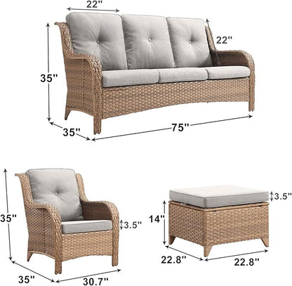 Rilyson Outdoor Patio Wicker Furniture Set - 5 Piece Rattan Patio Conversation Sectional Sofa Set with 1 Couch,2 Armchairs,2 Ottomans for Porch Deck Garden(Yellow/Beige)