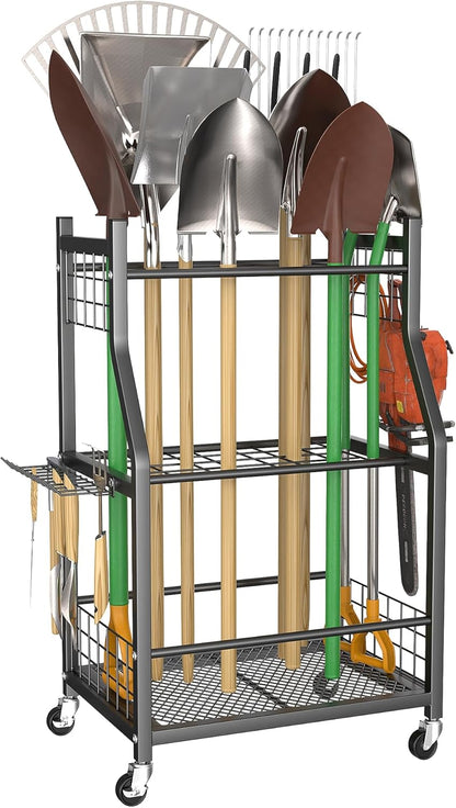 WALMANN Garden Tool Organizer with Wheels for Garage, Rakes/Shovels/Yard Tools Storage Stand for Garden, Shed, Indoor/Outdoor Long-Handled Tools Rolling Cart