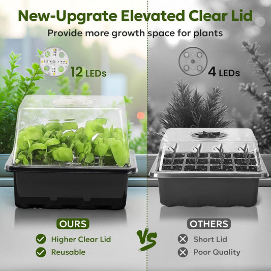 MIXC Seed Starter Kit with Grow Light, Elevated Seedling Tray Kit with Adjustable Humidity Dome and Clear Cell Tray, 12 Full Spectrum Led Beads for Seed Starting Greenhouse, 6 Pack, Black