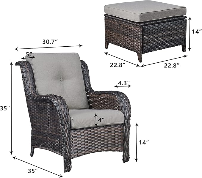 Rilyson Wicker Patio Furniture Set - 4 Piece Rattan Outdoor Sectional Conversation Sets with 2 Chairs and 2 Ottomans for Porch Deck Garden(Brown/Grey)
