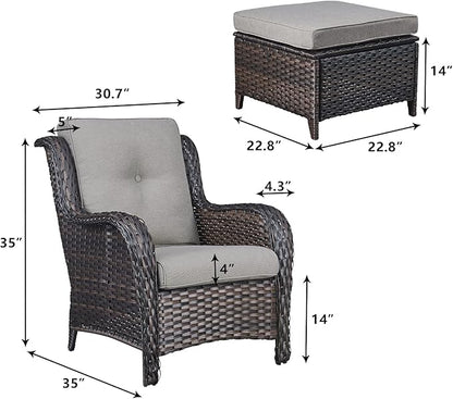 Rilyson Wicker Patio Furniture Set - 4 Piece Rattan Outdoor Sectional Conversation Sets with 2 Chairs and 2 Ottomans for Porch Deck Garden(Brown/Grey)