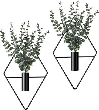 Jexine Hanging Planters with Artificial Eucalyptus Metal Hanging Vase Indoor Plants Holder Modern Geometric Boho Bathroom Wall Decor for Living Room Home Office (Black,4 Pcs)