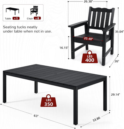 Stoog 7 Pieces Patio Dining Sets, All-Weather HIPS & Aluminum Outdoor Dining Table with Umbrella Hole, Patio Furniture Set Include 1 Table and 6 Chairs, for Backyard, Garden and Deck, Black