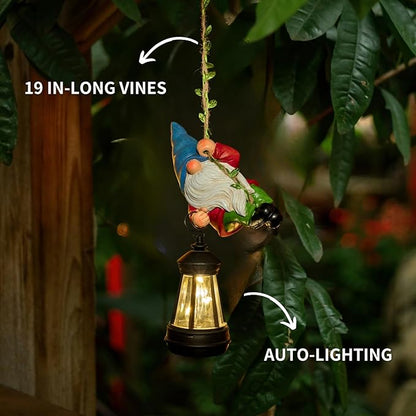 Solar Hanging Gnome Garden Statue Climbing Rope Gnome with LED Lantern Outdoor Decor Tree Hugger Yard Porch Wall Decoration Christmas Thanksgiving Birthday Gardening Gift for Mom Women