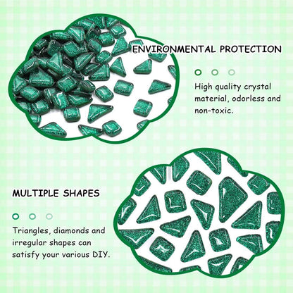Swpeet 1 Pound Deep Green Shine Crystal Series Mosaic Tiles Assortment Kit, Square and Triangle Genuine Mosaic Tiles Glitter Crystal Mosaic Perfect for Home Decoration Crafts