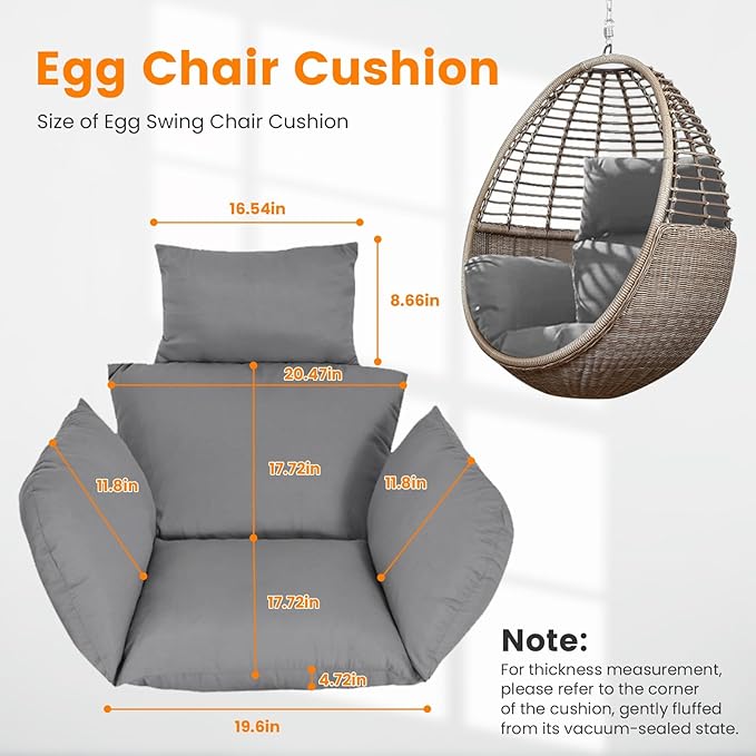 Egg Chair Cushion, Hanging Basket Hammock Seat Cushion, Thick Soft Egg Swing Chair Pad with Headrest for Patio Porch Furniture Outdoor (Grey, 39.37x45.28x4.72in)