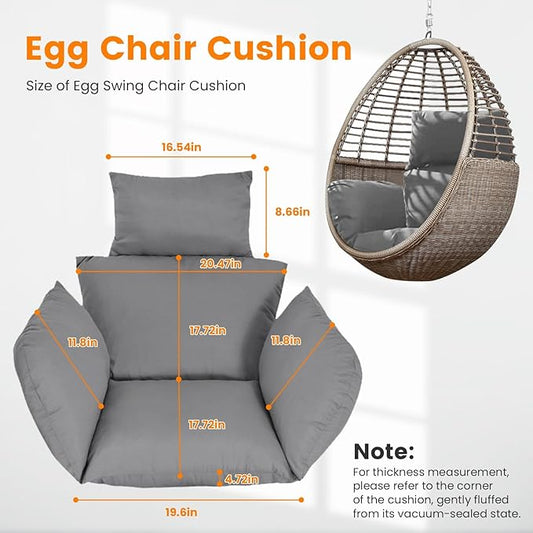 Egg Chair Cushion, Hanging Basket Hammock Seat Cushion, Thick Soft Egg Swing Chair Pad with Headrest for Patio Porch Furniture Outdoor (Grey, 39.37x45.28x4.72in)