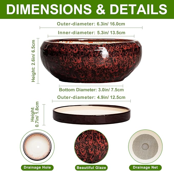 Succulent Planters 6 Inch - Ceramic Bonsai Pots with Drainage Hole and Saucer, Small Bonsai Planter, Round Planter Bowl, Shallow Plant Pots Indoor, Room Decor, Gifts for Plant Lovers, Red
