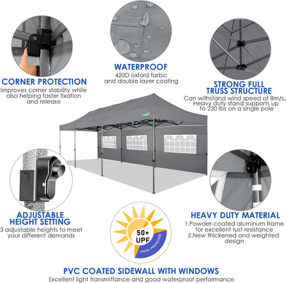 COBIZI 10x30 Pop up Canopy Tent 10x30 Canopy with Sidewalls, Heavy Duty Party Tent Tents for Parties, Foldable UPF 50+ Waterproof Commercial Ez up Canopy with Roller Bag, Grey(Windproof Upgraded)