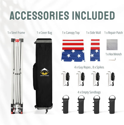 CROWN SHADES 10x10 Pop Up Canopy with 1 Side Wall - Beach Tent with One Push Setup - Outdoor Sun Shade for Events, Parties, Camping - Gazebo with STO-N-Go Cover Bag (American Flag)