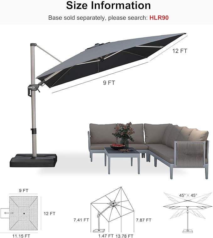 PURPLE LEAF 9' X 12' Left-right Tilting Patio Umbrella Outdoor Swivel Cantilever Umbrella Aluminum Offset Umbrella with Champagne Frame and 360-degree Rotation for Garden Deck Pool, Grey