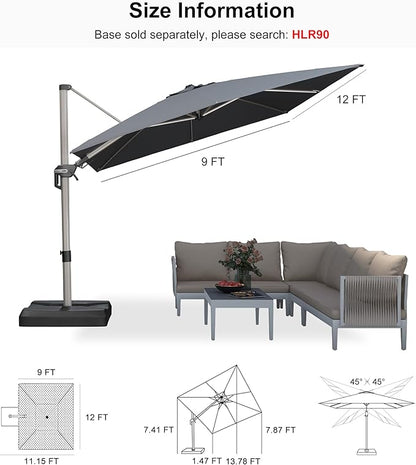 PURPLE LEAF 9' X 12' Left-right Tilting Patio Umbrella Outdoor Swivel Cantilever Umbrella Aluminum Offset Umbrella with Champagne Frame and 360-degree Rotation for Garden Deck Pool, Grey