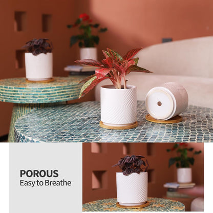 5.25 Inch Ceramic Planter Pot for Indoor Plants with Drainage Holes, Geometry Design White Flower Planter Pots with Bamboo Saucer, for Succulent, Snake Plants, Cactus & Herbs, Set of 4