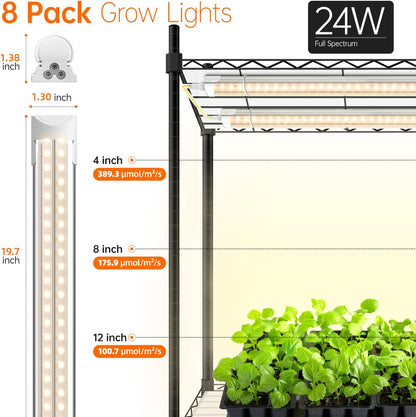 DIY Plant Shelf with Grow Lights, Grow Light Shelf with Adjustable Rack and Wheels, Plant Stand, 8-Pack 192W T8 3000K Full Spectrum Grow Lights for Seed Starting,Seed Tray(29.5L x 13.8W x70.9H)