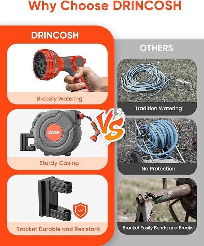 Retractable Garden Hose Reel 100 FT x 1/2" Any Length Lock 9 Pattern Nozzle 180° Swivel Wall Mounted Self Winding UV Resistant Heavy Duty Garden Outside Watering