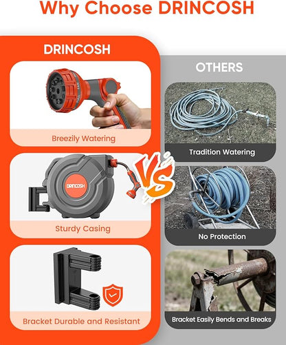 Retractable Garden Hose Reel 100 FT x 1/2" Any Length Lock 9 Pattern Nozzle 180° Swivel Wall Mounted Self Winding UV Resistant Heavy Duty Garden Outside Watering