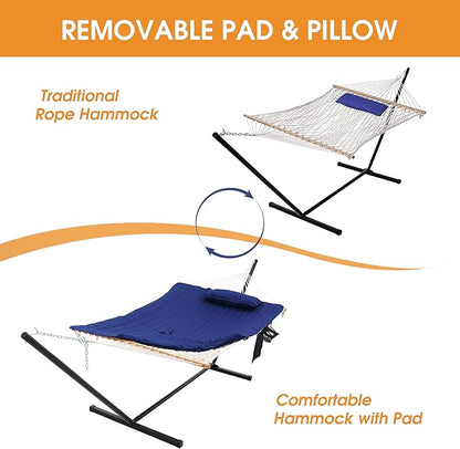 Lazy Daze Hammocks Double Outdoor Hammock with 12 ft Steel Stand, 2 Person Cotton Rope Hammock with Quilted Pad, Spreader Bars, Detachable Pillow, Mag Bag & Cup Holder, Blue
