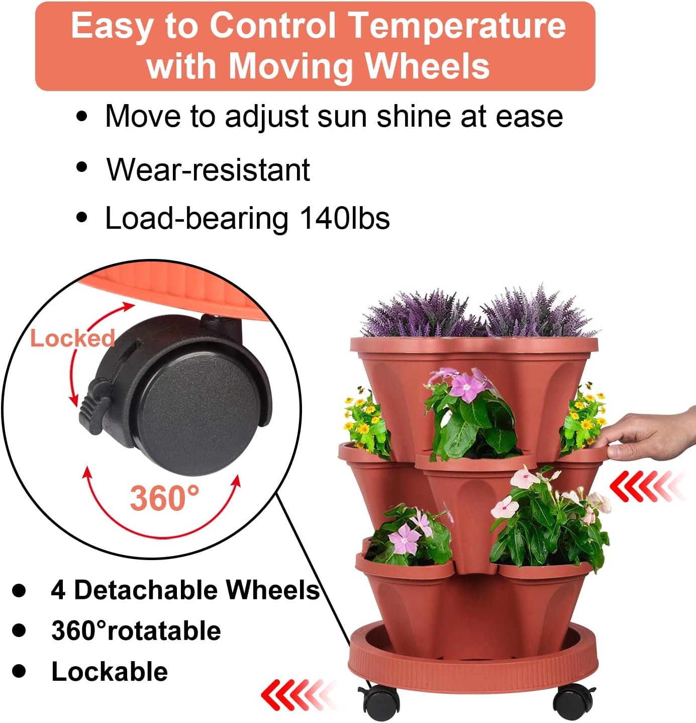 DUNCHATY Stackable Planters 3 Tier Vertical Garden Planting Tower Planters Strawberry, Herb, Flower, and Vegetable Planter Indoor Outdoor Gardening Pots with Removable Wheels and Tools