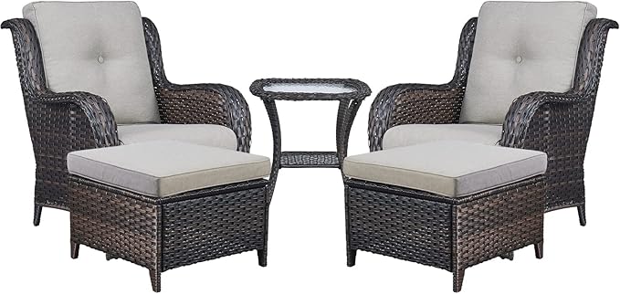 Rilyson Wicker Patio Furniture Set - 5 Piece Rattan Outdoor Sectional Conversation Sets with 2 Chairs,2 Ottomans and 1 Side Table for Porch Deck Garden(Brown/Grey)