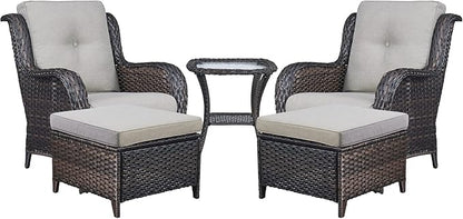 Rilyson Wicker Patio Furniture Set - 5 Piece Rattan Outdoor Sectional Conversation Sets with 2 Chairs,2 Ottomans and 1 Side Table for Porch Deck Garden(Brown/Grey)